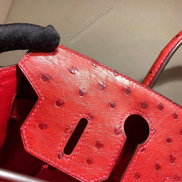 Hermes女包 愛馬仕Birkin30cm Hermes鉑金包 Ostrich鴕鳥皮 全手縫蠟線 Q5 Rouge Casaqbe中國紅  am1905